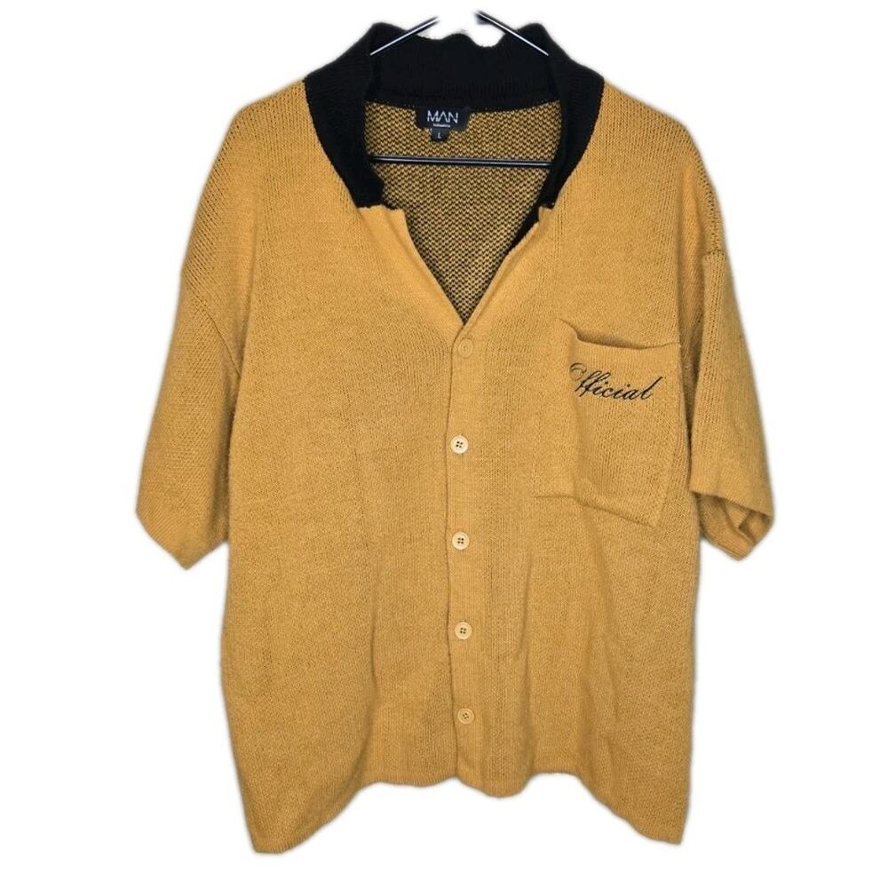 BoohooMan Yellow Knitted Short Sleeve Button Up Oversized Boxy Size Large